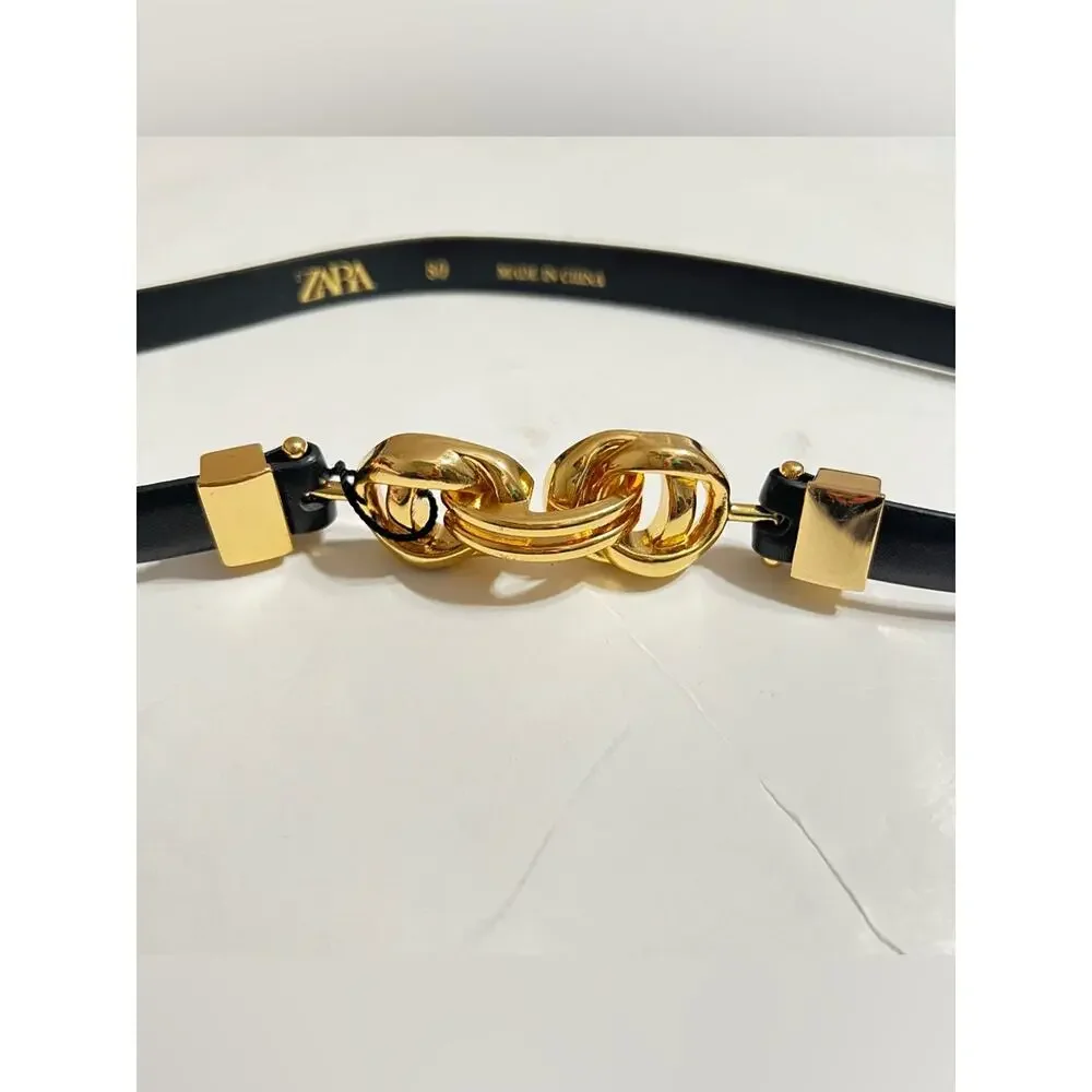 Zara BLACK THIN LEATHER BELT WITH GOLD METAL BUCKLE CLOSURE